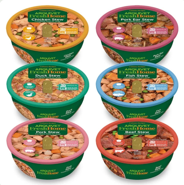 6 boites de 280gr, Ragout : poulet, canard, porc, boeuf, thon et oreille de porc